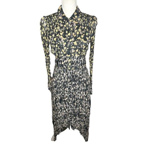 ALLSAINTS Black  Mix Media Collared Midi Hi Low Shirt Dress Sz4 Animal Print - Picture 1 of 8